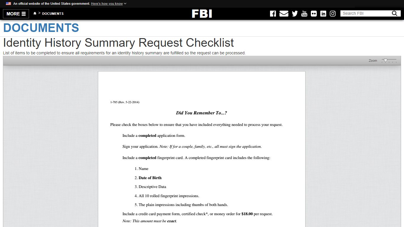 Identity History Summary Request Checklist — FBI