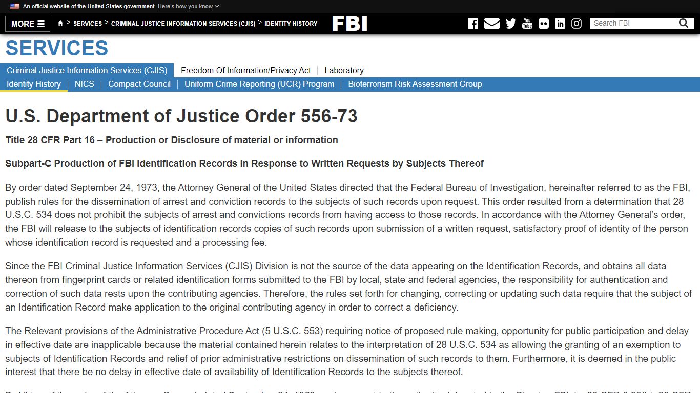 U.S. Department of Justice Order 556-73 — FBI